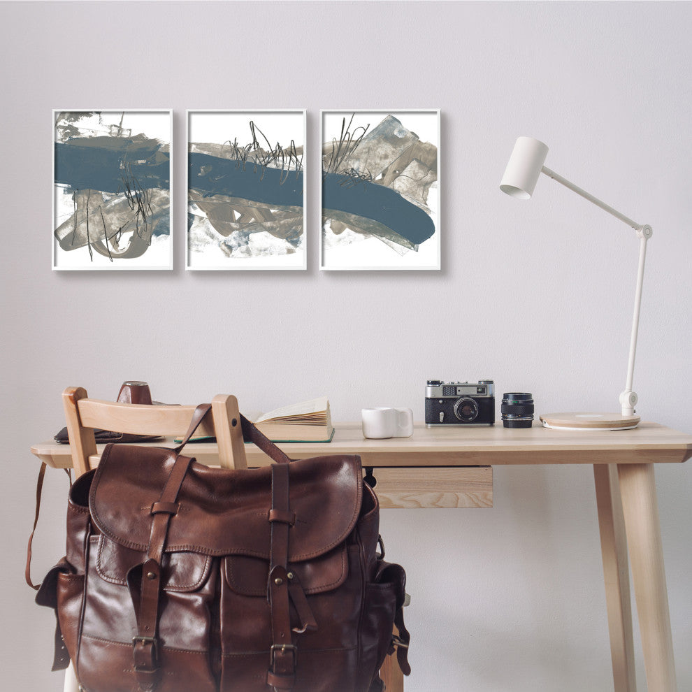 Abstract Line Painting Bold Blue Busy Grey Movement,3pc, each 11 x 14