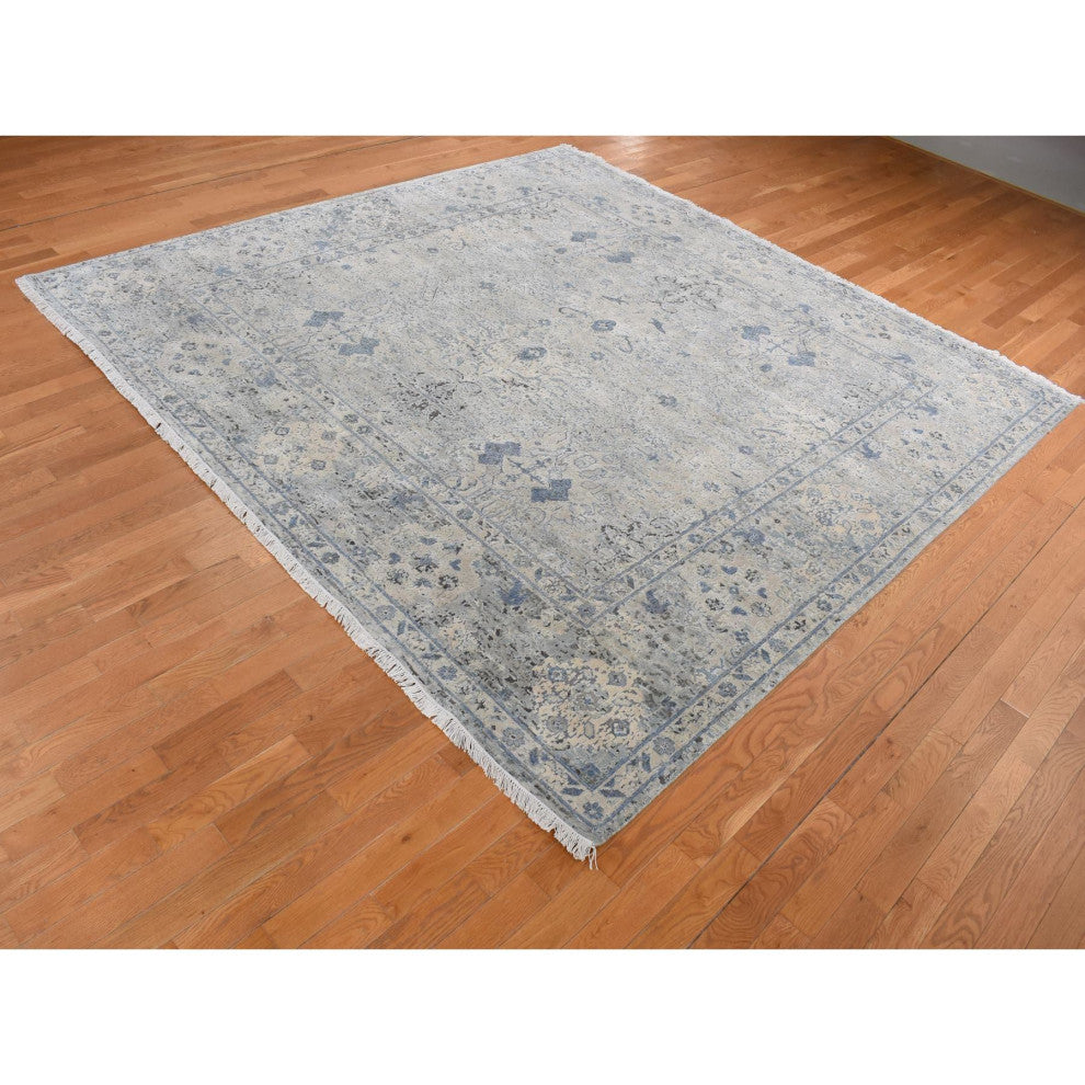 Blue, Hand Knotted, Oushak Design, Pure Silk With Wool Square Rug, 10'2"x10'2"