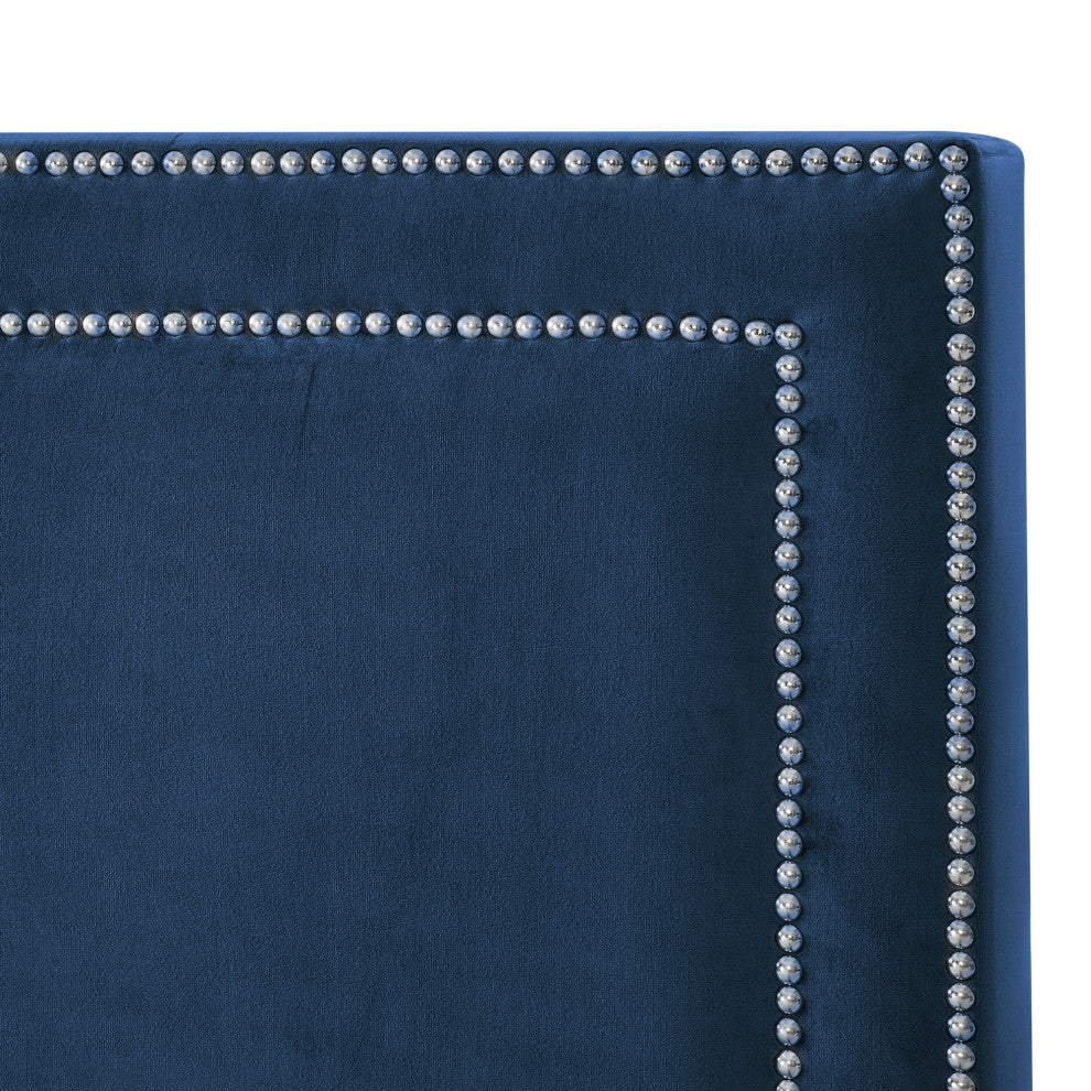 Giovanna Nailhead Trim Platform Bed, Navy Velvet, Queen