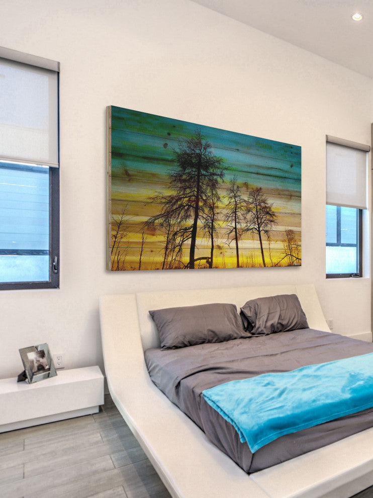 "Emerald Sky" Print on Natural Pine Wood, 36"x24"
