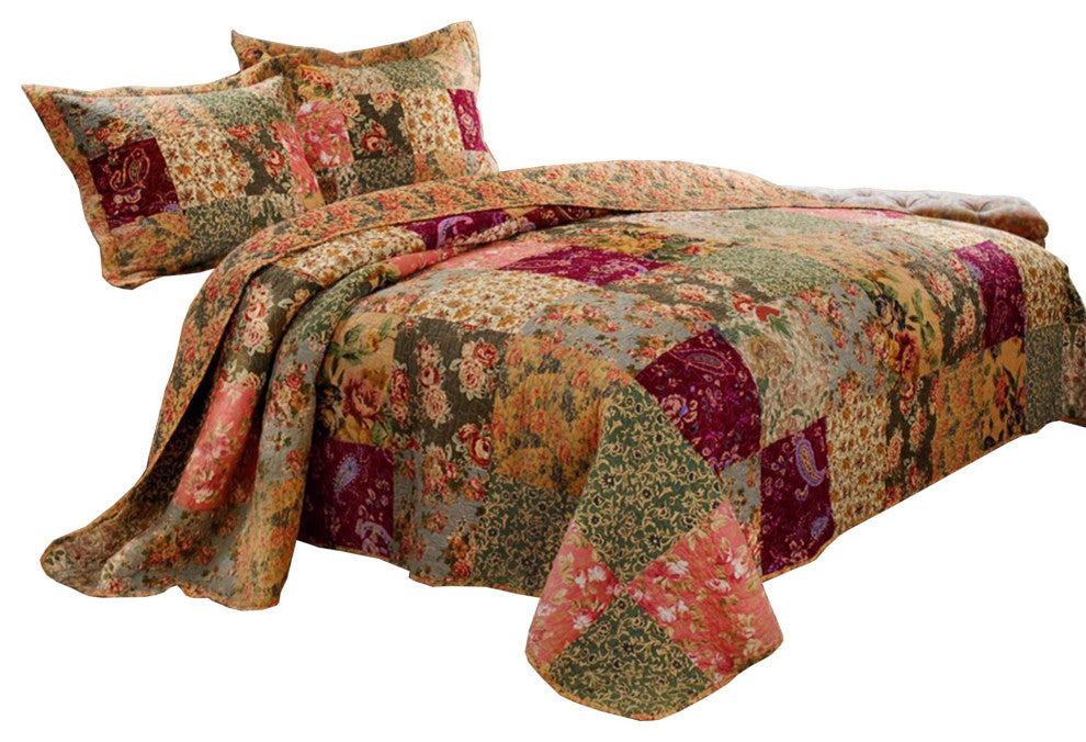 Kamet 3 Piece Fabric Queen Size Bedspread Set with Floral Prints,Multicolor