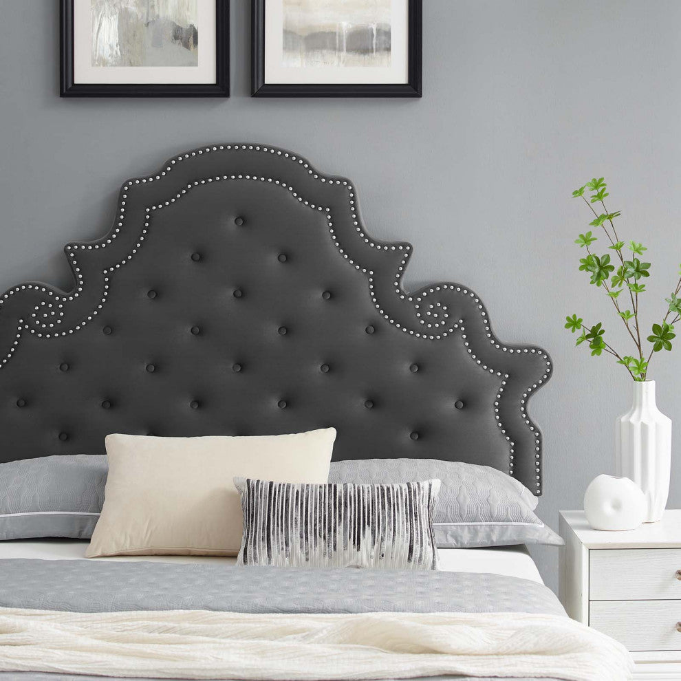 Tufted Platform Bed Frame, King Size, Velvet, Gray, Modern Contemporary