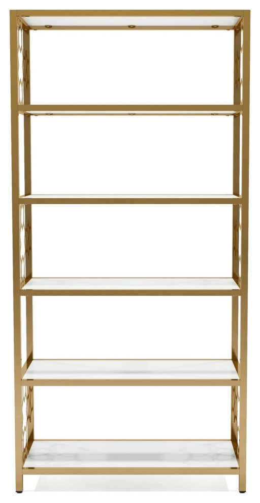 Contemporary Bookcase, Geometric Design & Open Shelves With Glass Panels, Gold