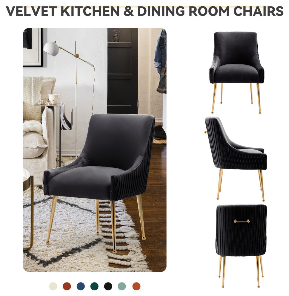 Glam Pleated Velvet Dining Chair Set of 2, Tufted Side Accent Kitchen Chair, Black