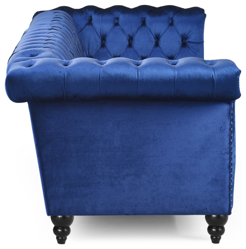 Spencer Tufted Chesterfield Velvet 3-Seater Sofa, Midnight Blue/Dark Brown