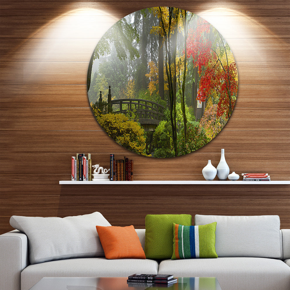 Japanese Wooden Bridge In Fall, Photo Disc Metal Wall Art, 11"