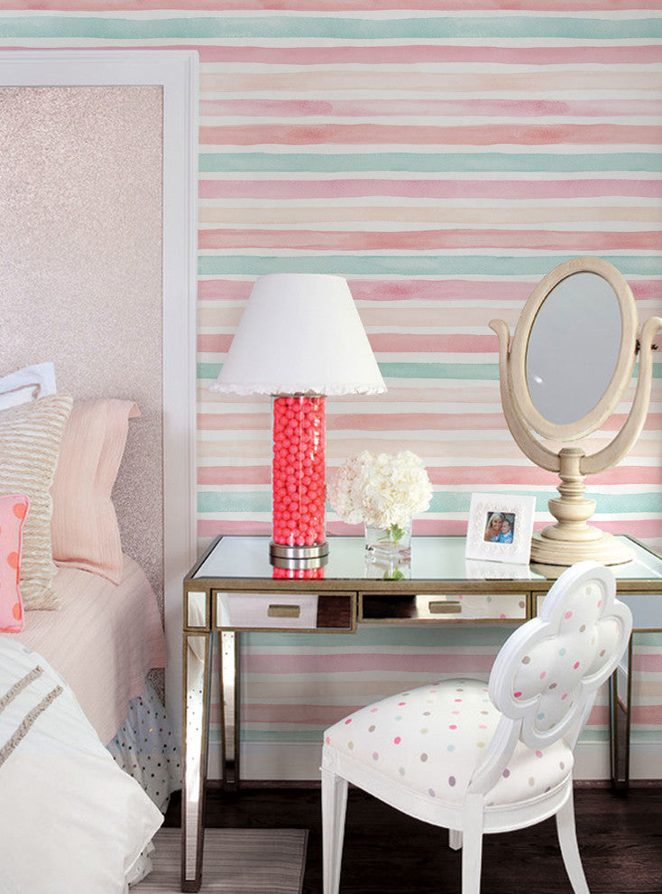 Watercolor Stripes Peel and Stick Vinyl Wallpaper, Coral Mint, 24"w X 60"h