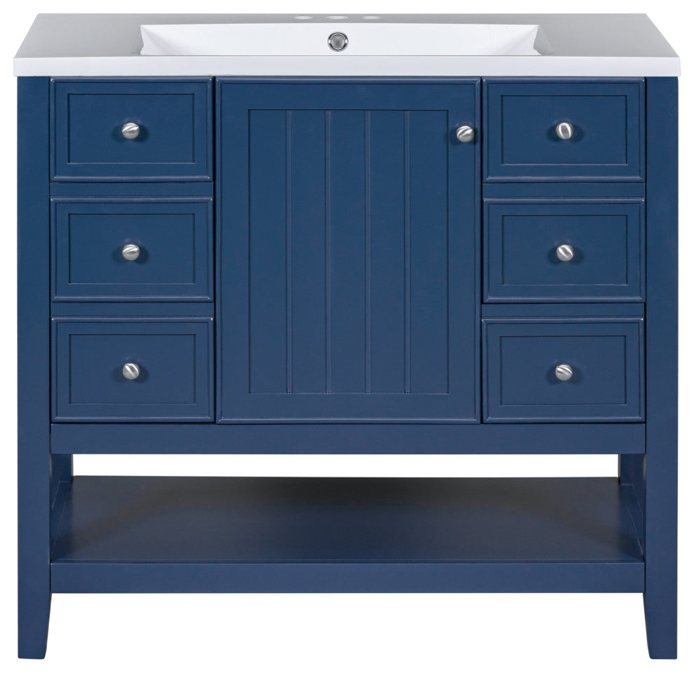 36 Inch Freestanding Bathroom Vanity Set in Blue with Drawers and Ceramic Sink, Blue