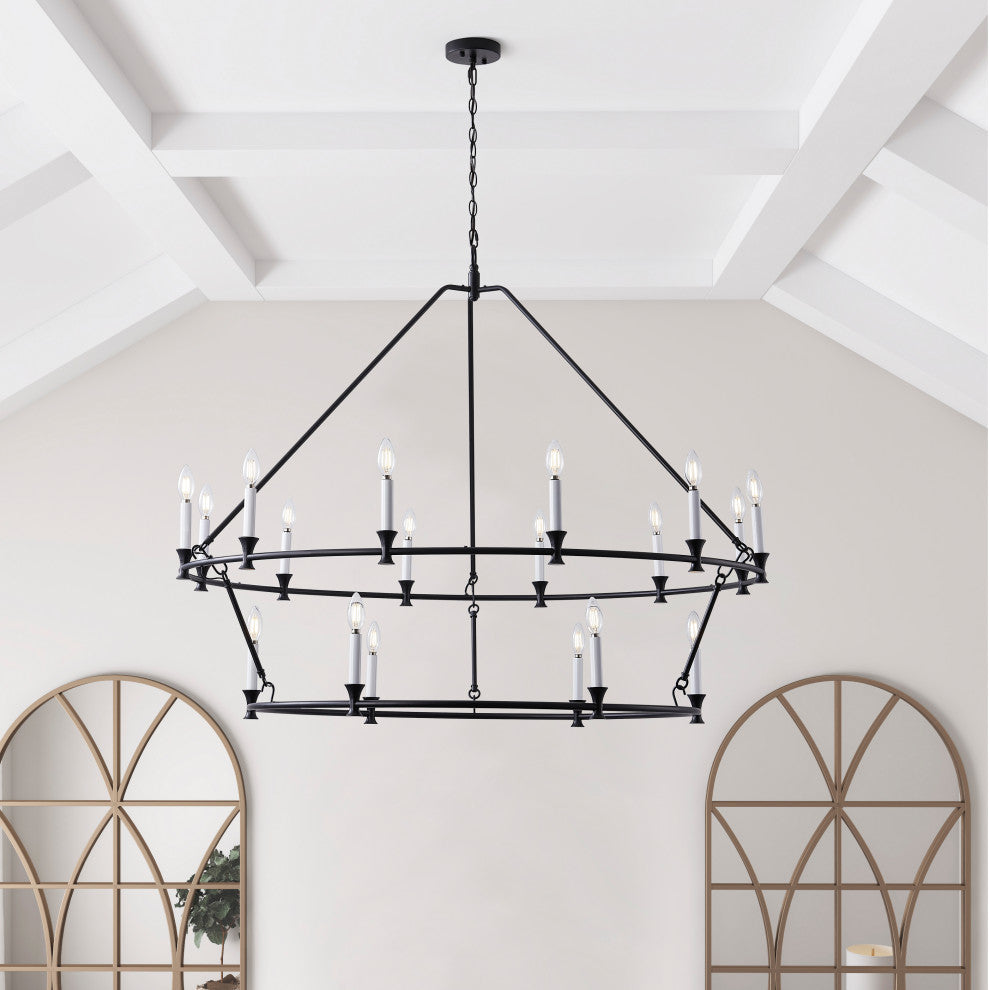 Farmhouse Black 2-Tier Wagon Wheel 18-Light Candle Chandelier