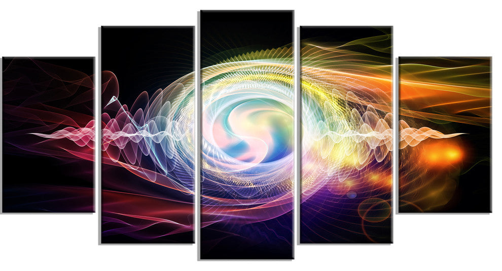 Bright Wave Particle in Air on Black, Abstract Canvas Art, 60"x32", 5 Panels