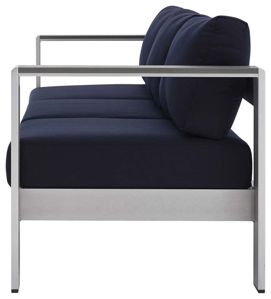 Sectional Sofa Chair Table Set, Sunbrella, Aluminum, Silver Blue Navy, Outdoor