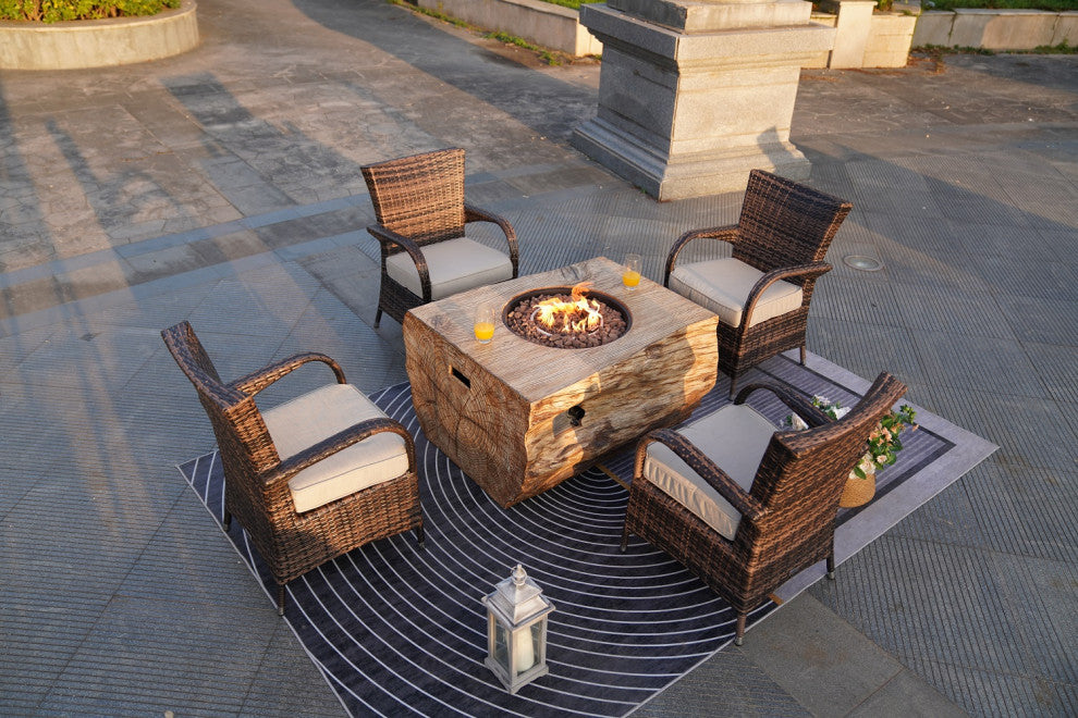 Patio Wood Coating Propane Fire Pit Table with Cushioned Chairs, Rectangle-2