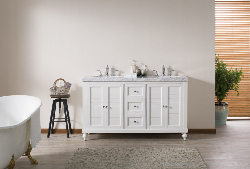 Stufurhome Kent 60" White Double Sink Bathroom Vanity, Without Faucet