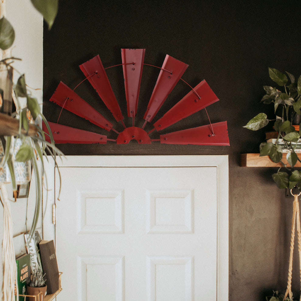 32"L Galvanized Farmhouse Half Wind Spinner Wall Decor, Red
