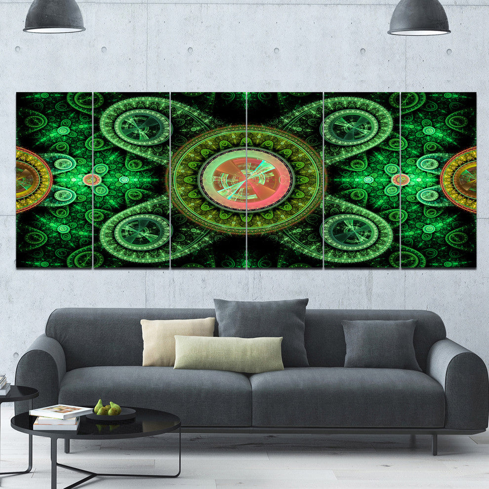 Green Psychedelic Relaxing Art, Abstract Canvas Art Print, 70"x28", 6 Panels