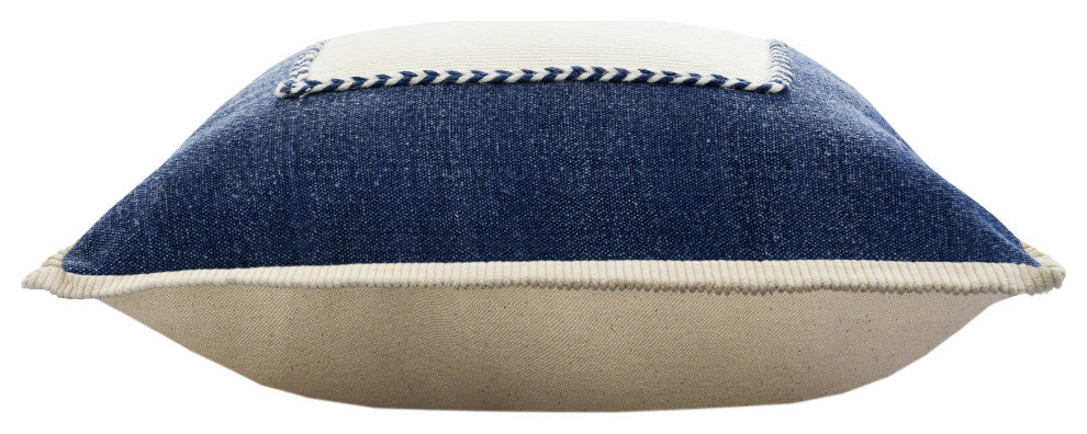 Ox Bay Hand-stitched Blue/White Bordered Organic Cotton Pillow Cover, 20"x20"