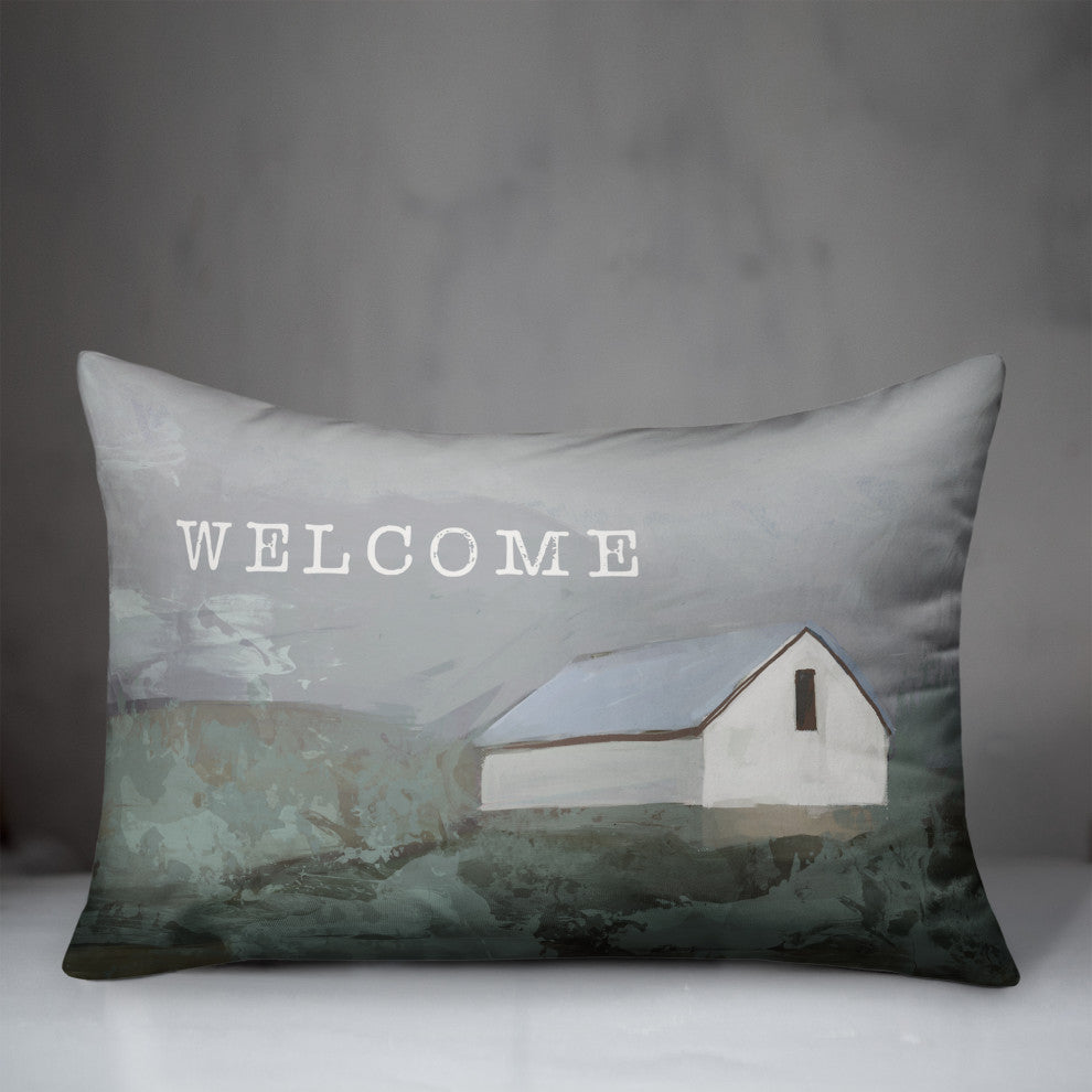 Welcome White Barn in Fog 14x20 Spun Poly Pillow