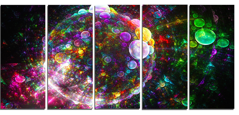 Multi Color Fractal Spherical Bubbles, Abstract Canvas Print, 60"x28", 5 Panels