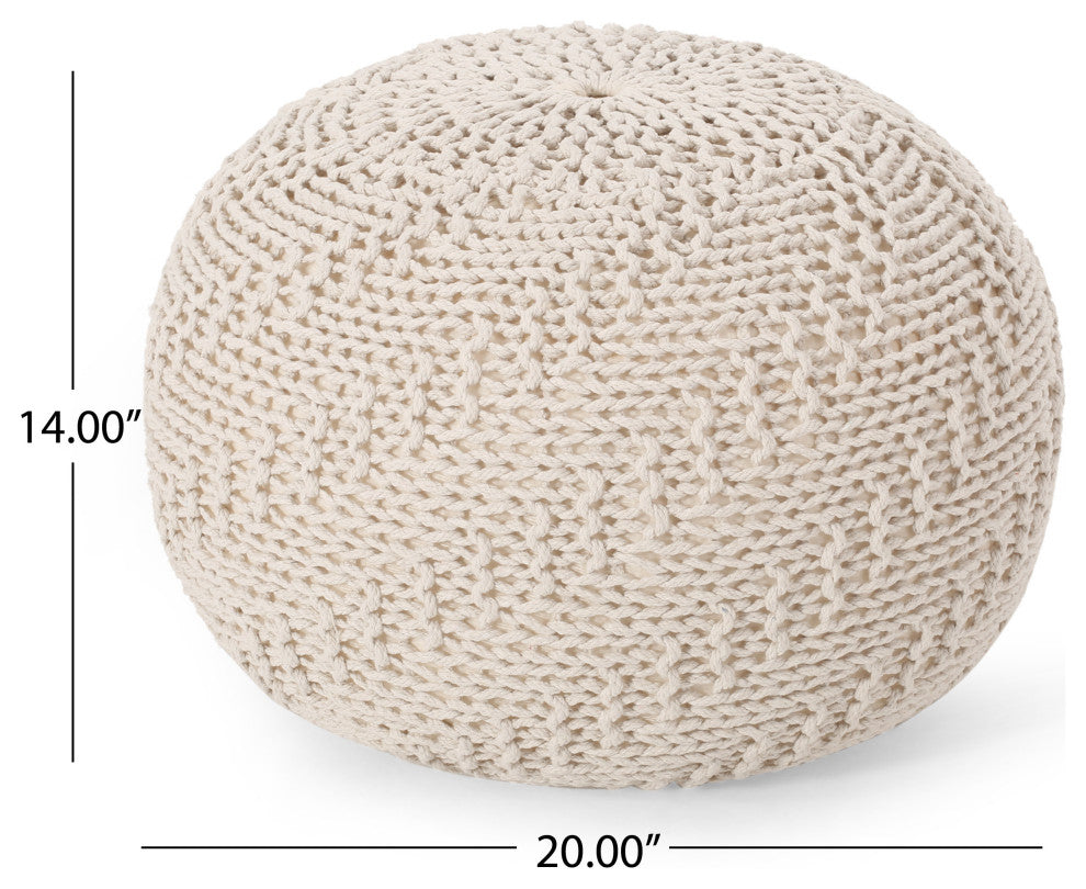 GDF Studio Haley Indoor/Outdoor Fabric Hand Knit Pouf, Ivory
