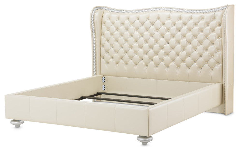 Hollywood Swank Eastern King Tufted Leather Bed - Creamy Pearl