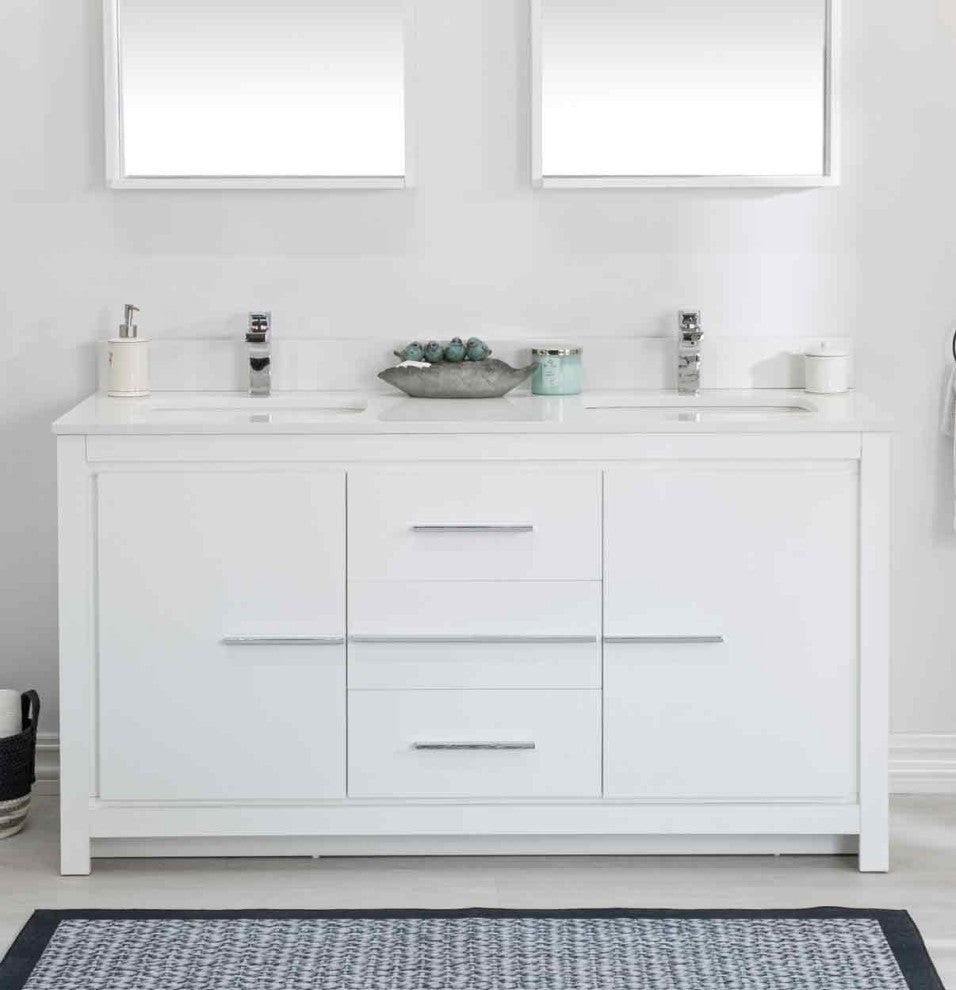 Mila Collection 60" Bathroom Vanity With Sink, Mirror, Countertop, Snow White