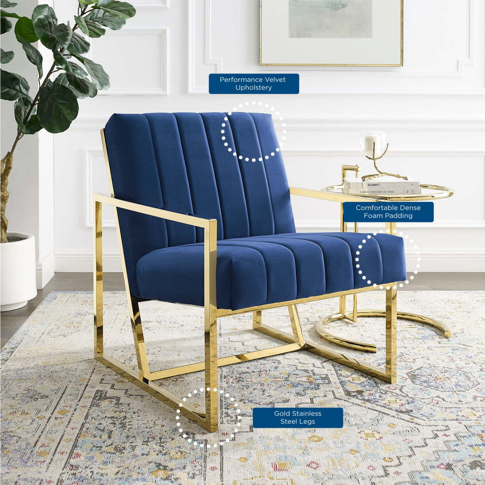 Tufted Armchair Accent Chair, Velvet, Blue Navy, Modern, Lounge Hospitality