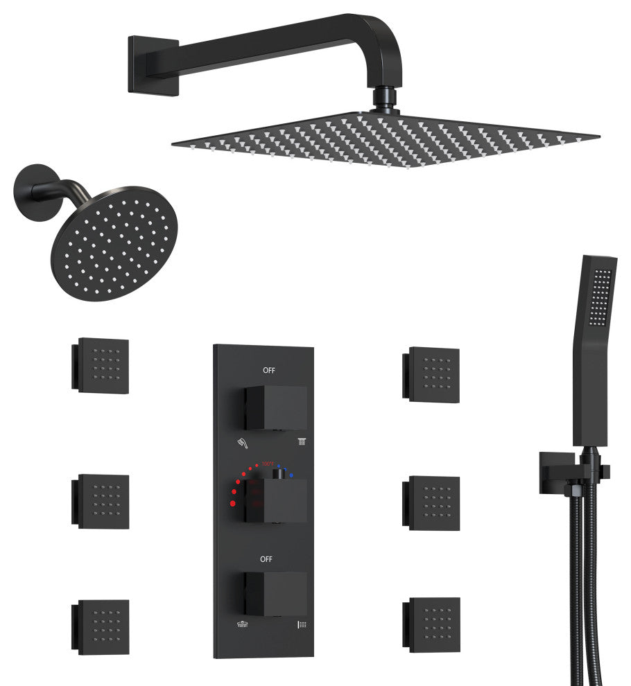 Dual Heads 12" Rain Shower System With 3 Way Thermostatic Faucet,Body Jets, Matte Black
