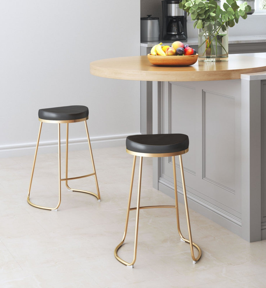 Counter Stool Chair, Set of 2, Faux Vinyl Leather, Steel, Black, Gold, Cafe