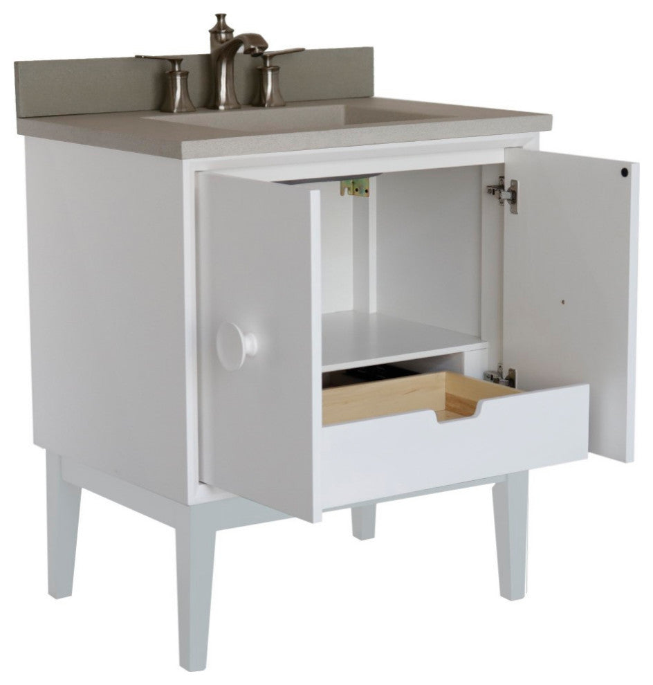 31" Single Vanity, White Finish With White Concrete Top And Rectangle Sink