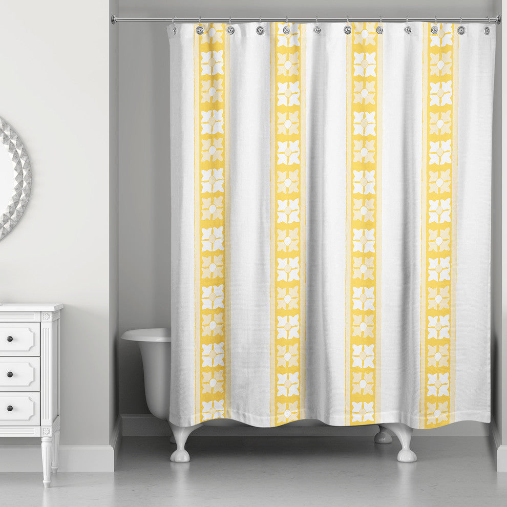 Folk Floral Stripe Pattern in Yellow Shower Curtain