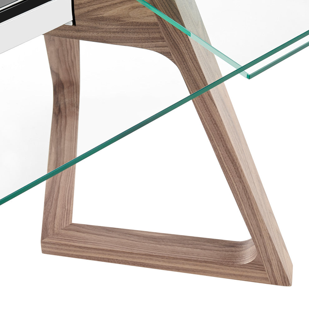 Donar Extension Table in Clear Tempered Glass Top and American Walnut Wood Base