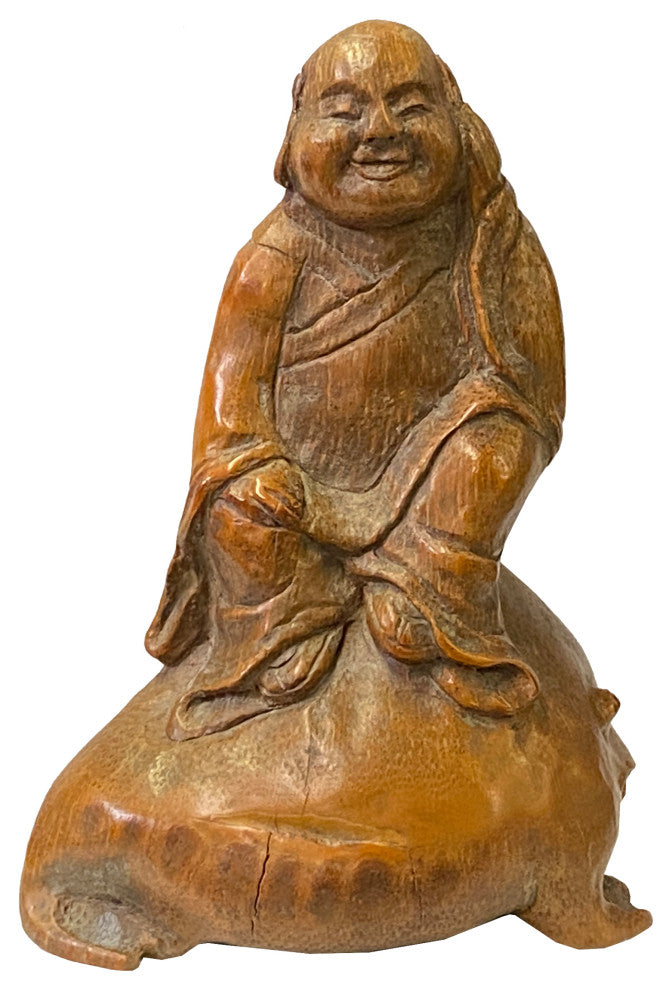 Chinese Bamboo Carved Happy Buddha on Toad Fortune Figure Hws2364