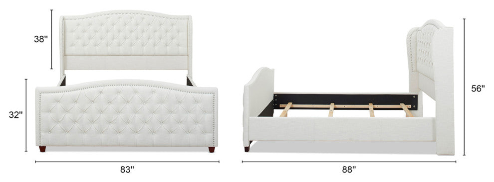 Marcella Upholstered Tufted Shelter Wingback Panel Bed, Antique White Polyester, King