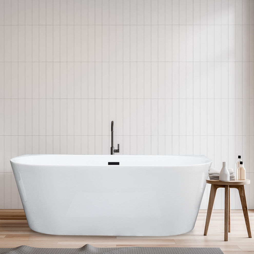Satchi 67"x32" Flatbottom Freestanding Soaking Bathtub, Matte Black Hardware