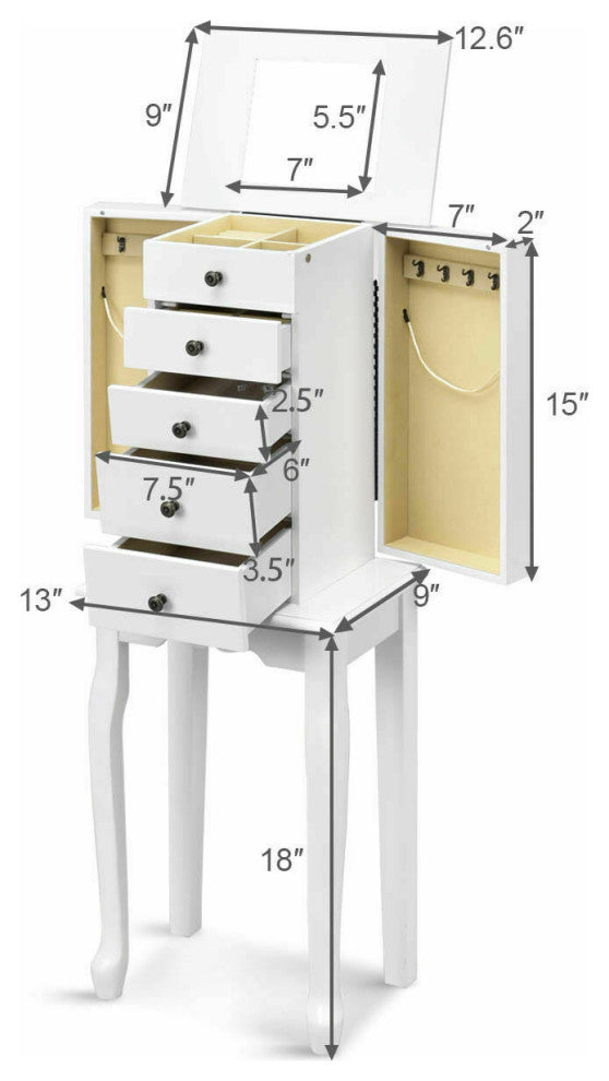 Costway Jewelry Cabinet Armoire Storage Standing Organizer with Mirror White