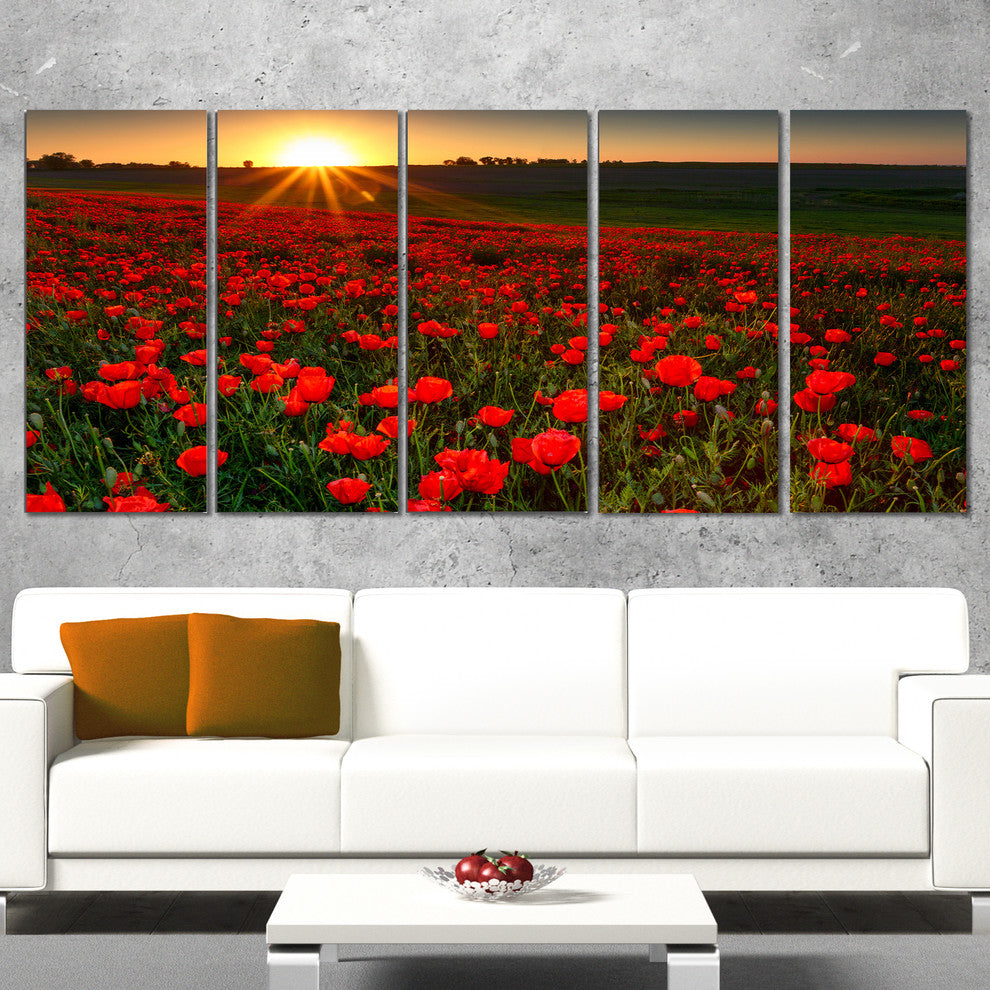Sunset over Garden with Red Poppies, Floral Canvas Art Print, 60"x28", 5 Panels
