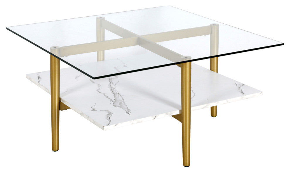 32" White And Gold Glass And Steel Square Coffee Table With Shelf