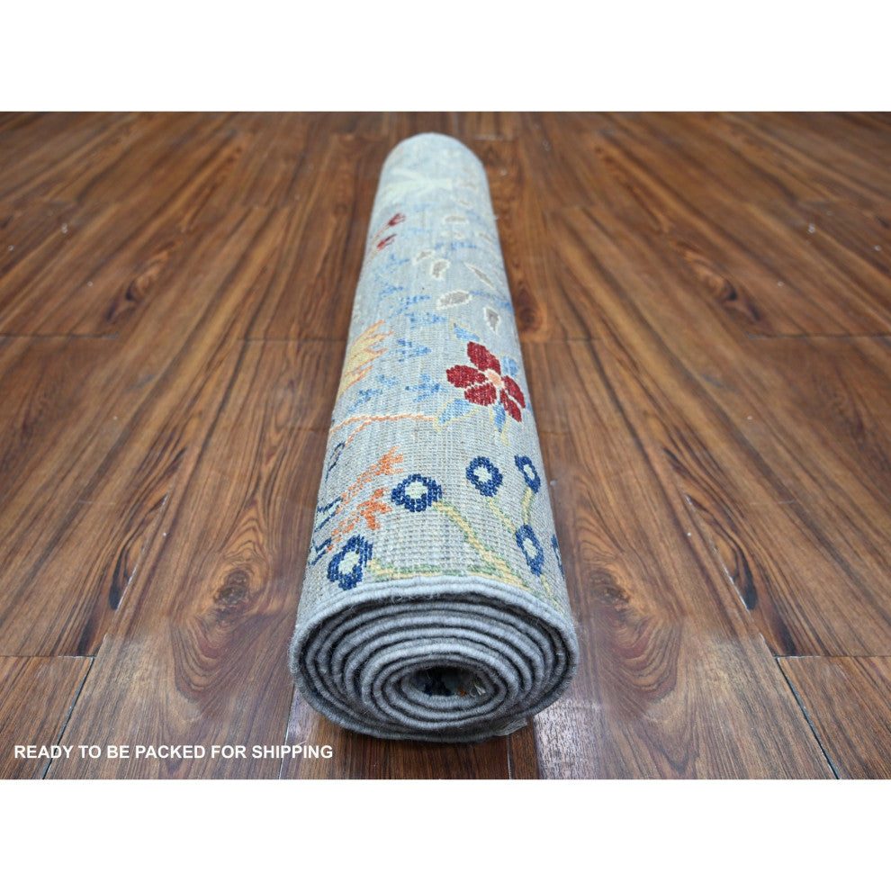 Gray Wool Afghan Peshawar Birds of Paradise Hand Knotted Runner Rug, 2'9"x9'8"