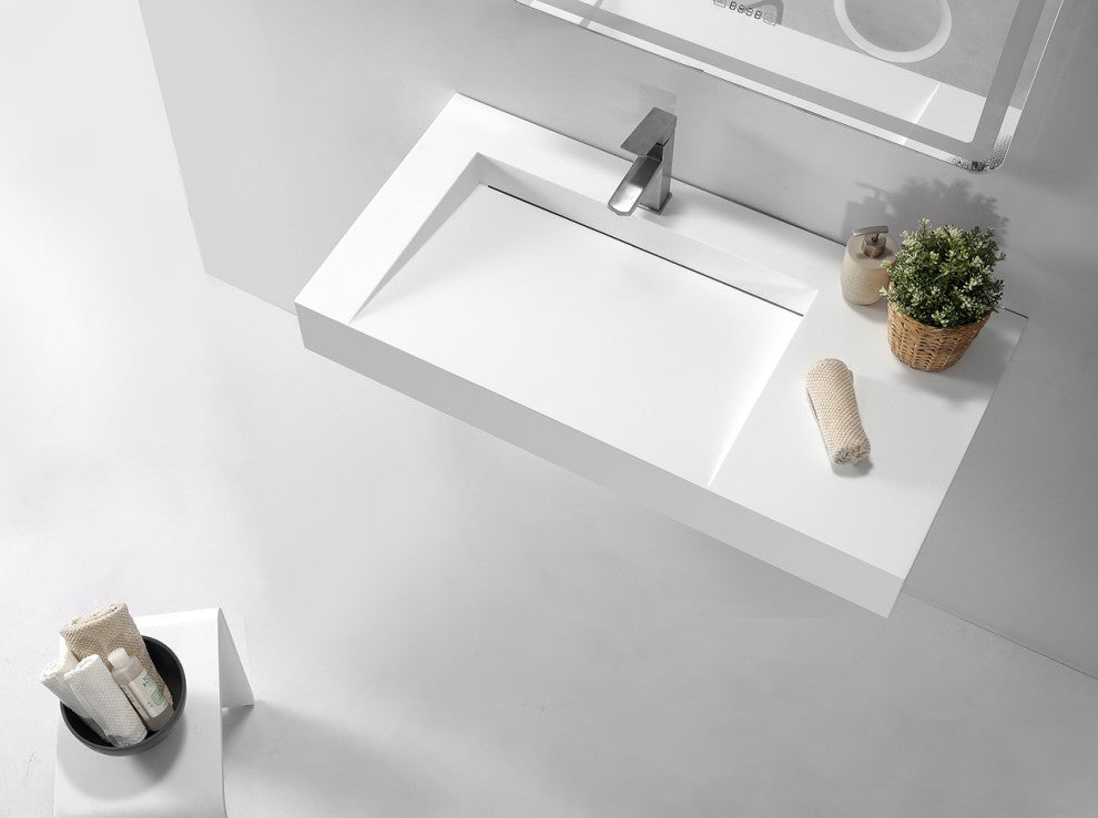 ADM Rectangular Wall Mounted Sink, White, 39", Glossy 23" Left