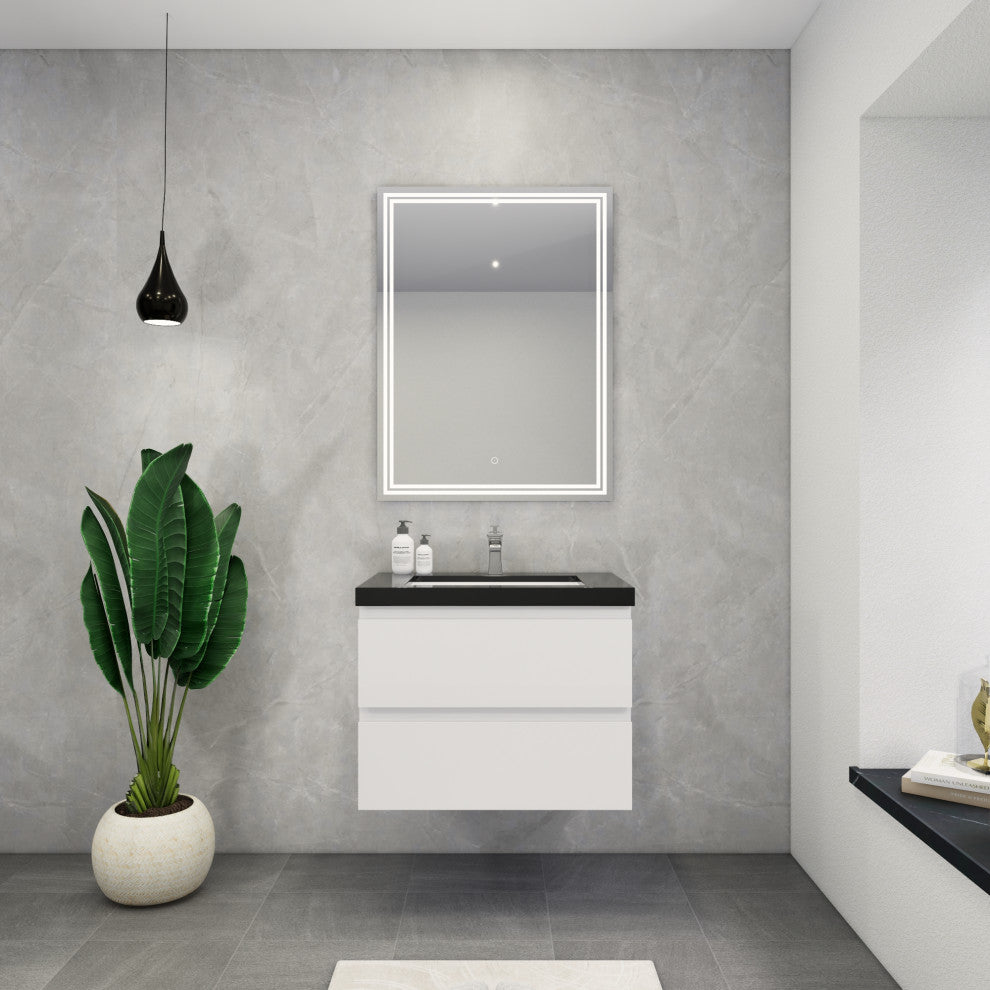 Belli 30" Wall Mounted Single Bathroom Vanity Set, Glossy White, Matt Black Top