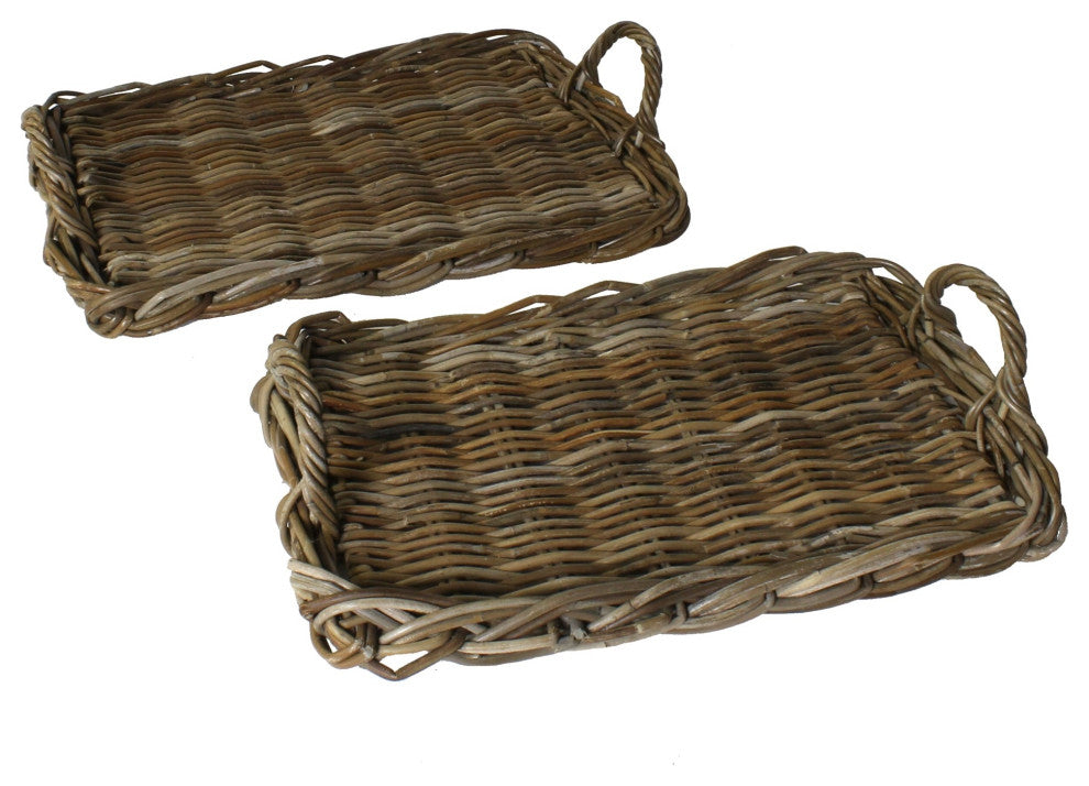 Set of Two Gray and Brown Rattan Trays
