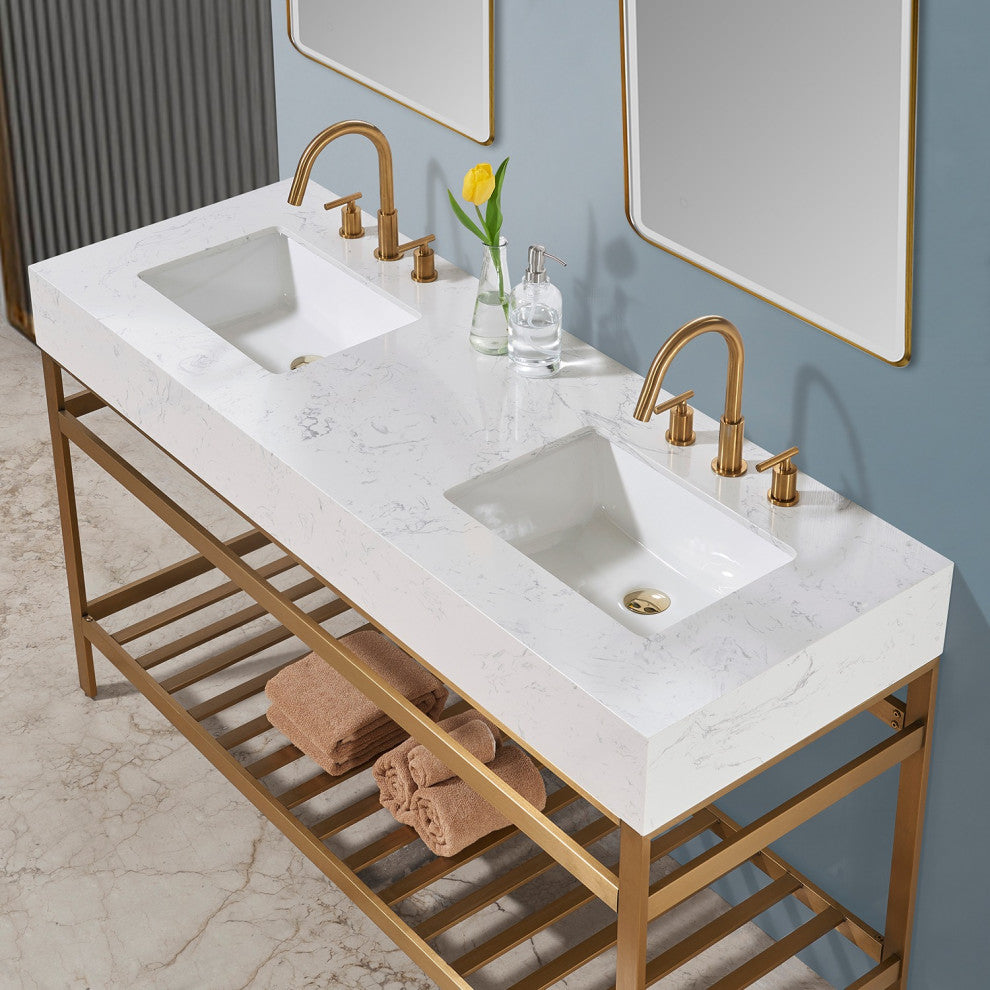 Merano Stainless Steel Vanity Console With Aosta White Stone Countertop, Brushed Gold, 60", With Mirror