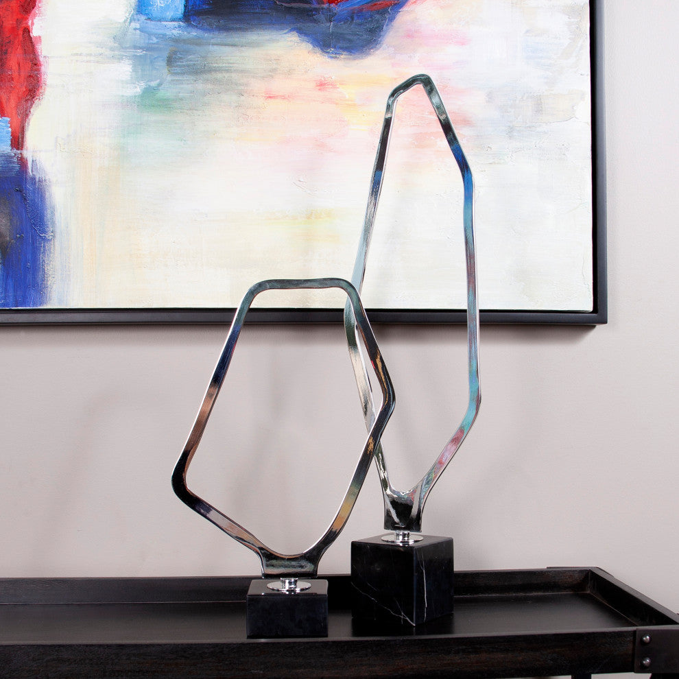 Tall Chrome Geometric Sculpture on Black Marble Base