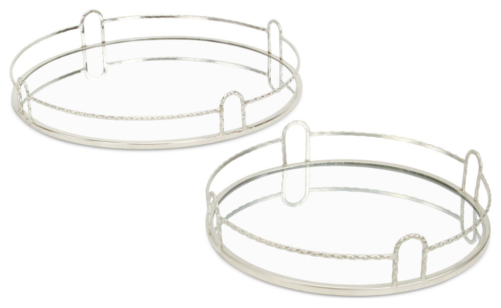 Mianzi Round Quilted Rim Silver Metal Trays (Set of 2)