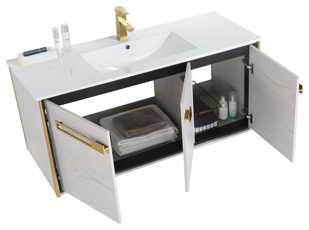 Oakville Wall Mount Bathroom Vanity, Mild Grey Oak, 48", Satin Brass Hardware