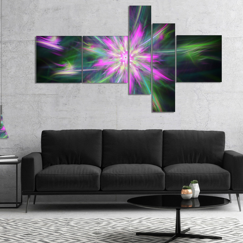 Green Fractal Shining Bright Star, Abstract Canvas Art Print, 60"x32", 5 panels