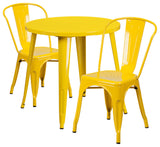 Commercial Grade 30" Round Yellow Metal Indoor-Outdoor Table Set, 2 Cafe Chairs