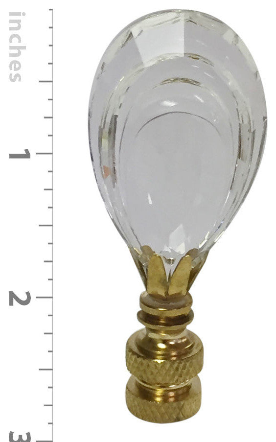 Flat Teardrop Shaped K9 Clear Crystal Lamp Finial With Polished Brass Base, Set