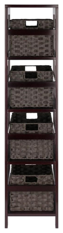 Leo 5-PieceStorage Shelf With 4 Foldable Woven Baskets, Espresso and Chocolate