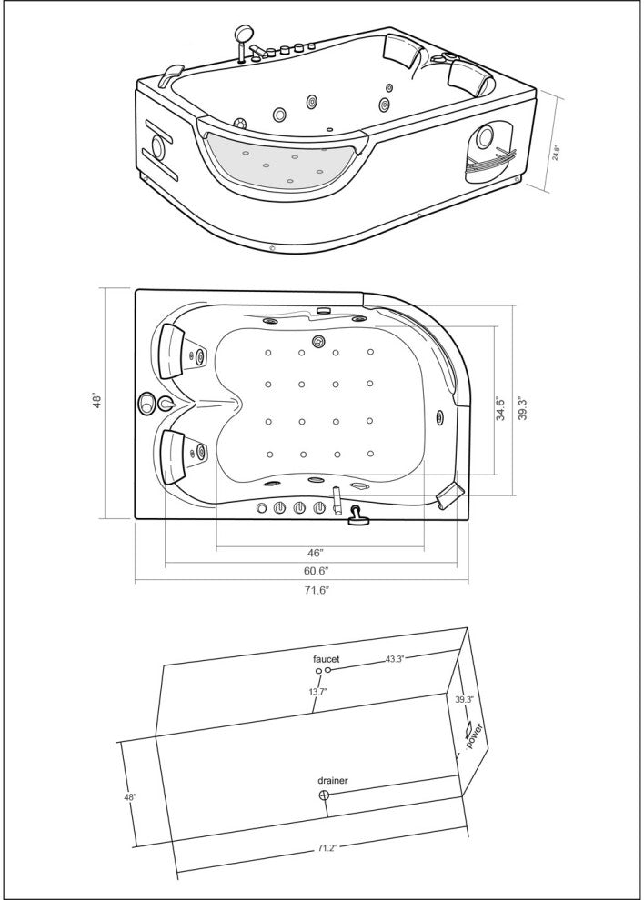 Whirlpool Bathtub Black 72"x48" Hot Tub Double Pump With Heater, Orion